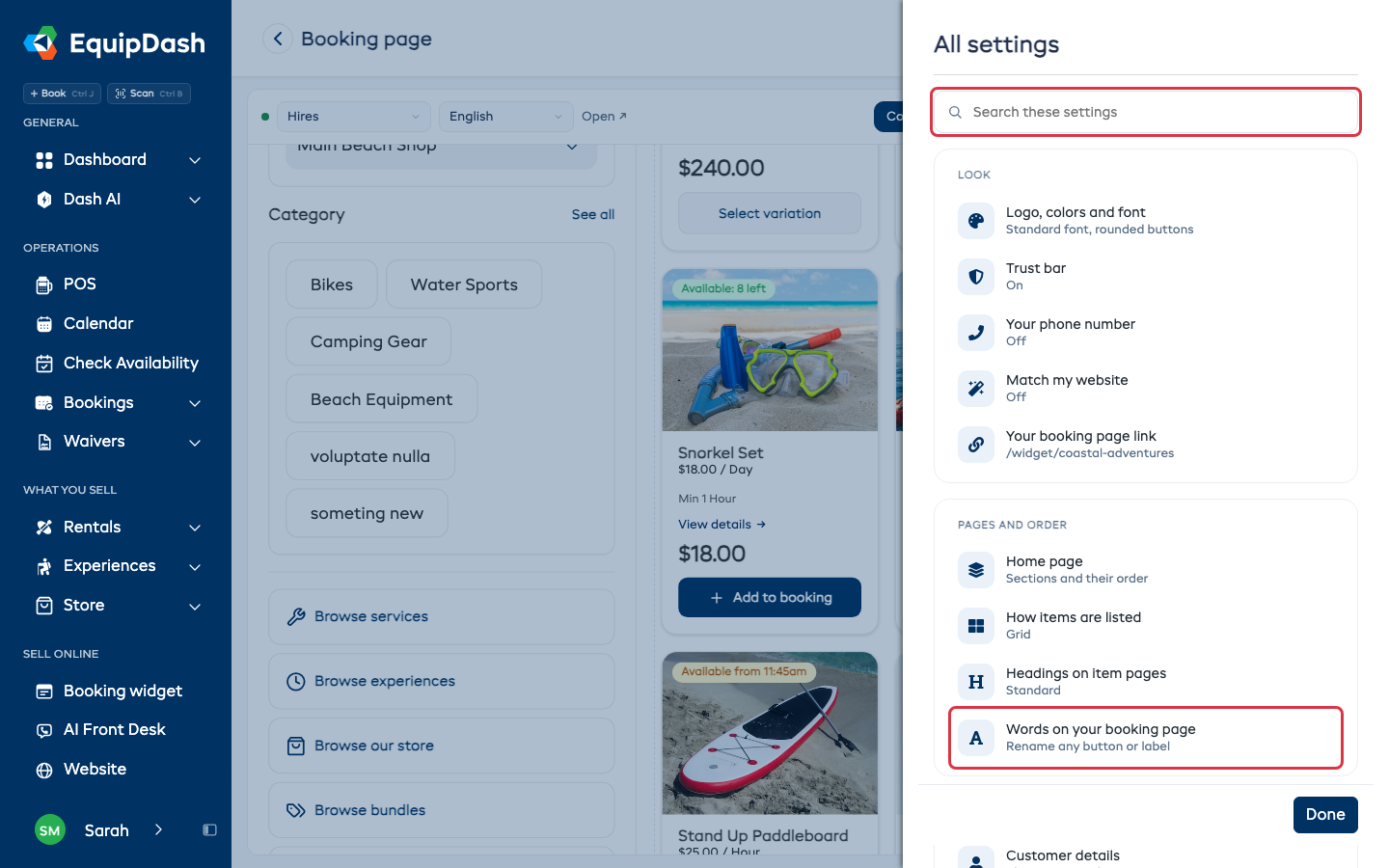 All settings, with the search box and Words on your booking page