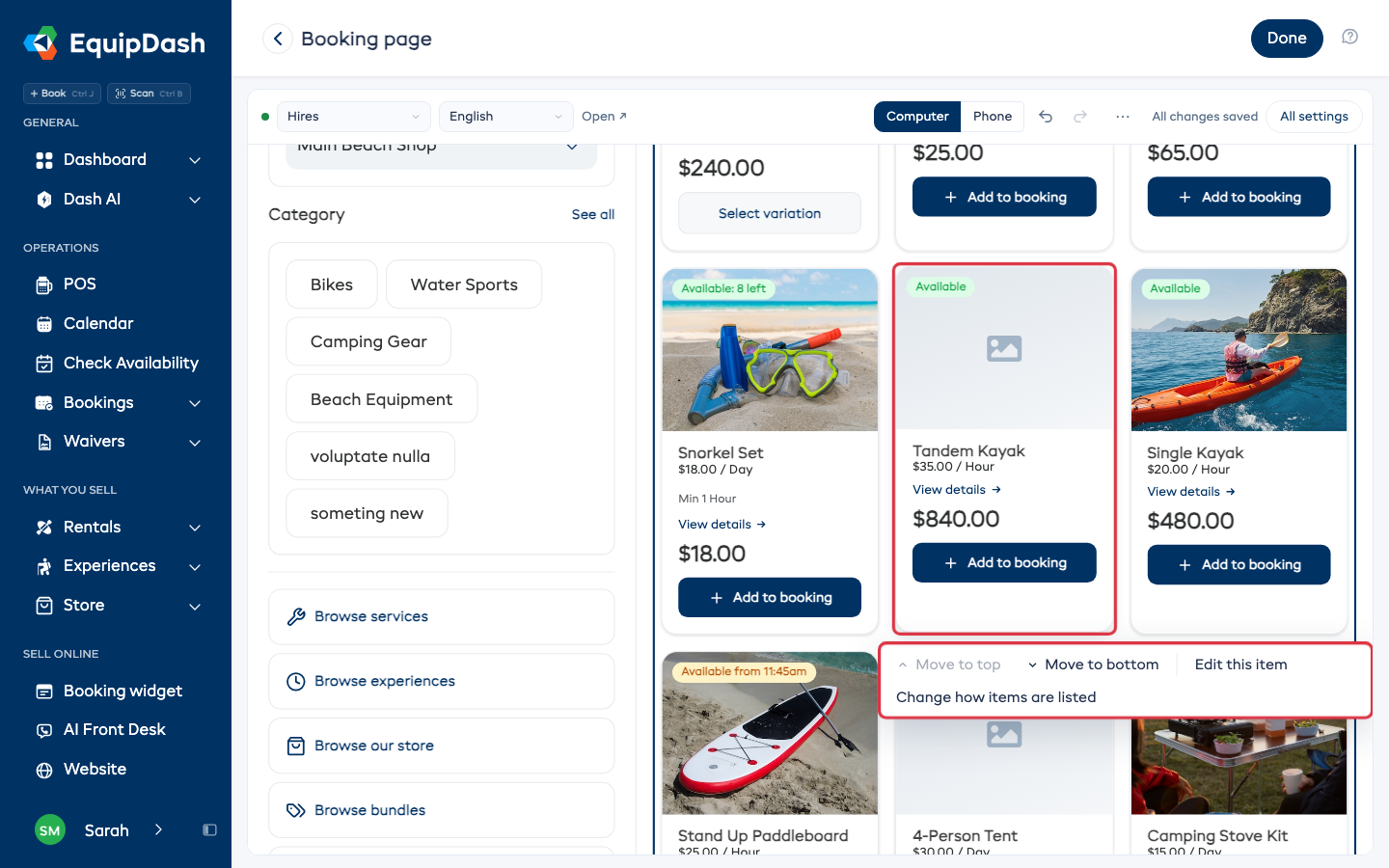 An item card picked, with Move to top, Move to bottom, Edit this item and Change how items are listed