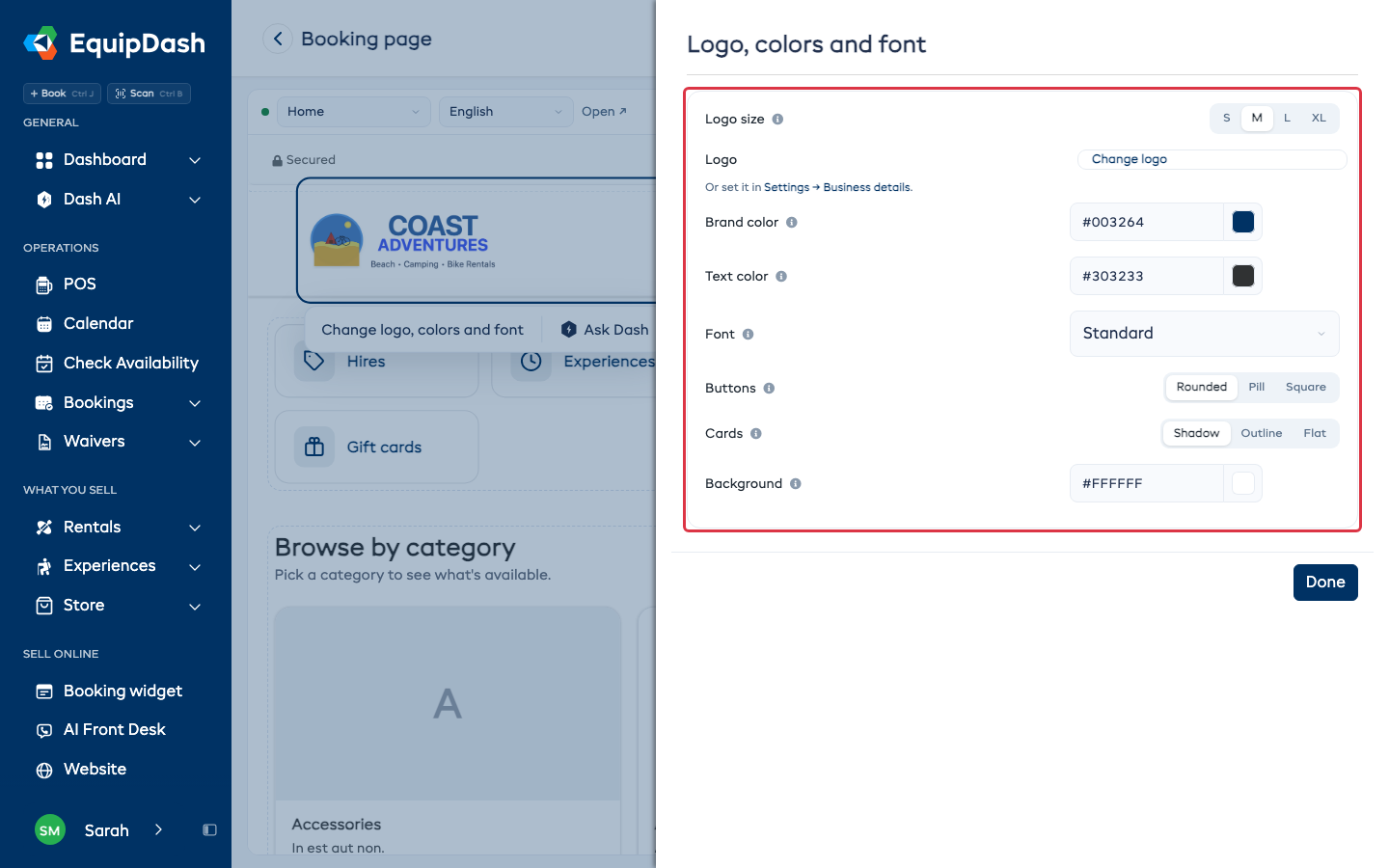 The Logo, colors and font settings open beside the booking page