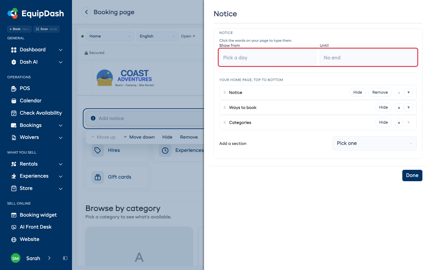 The Show from and Until dates in a notice's settings