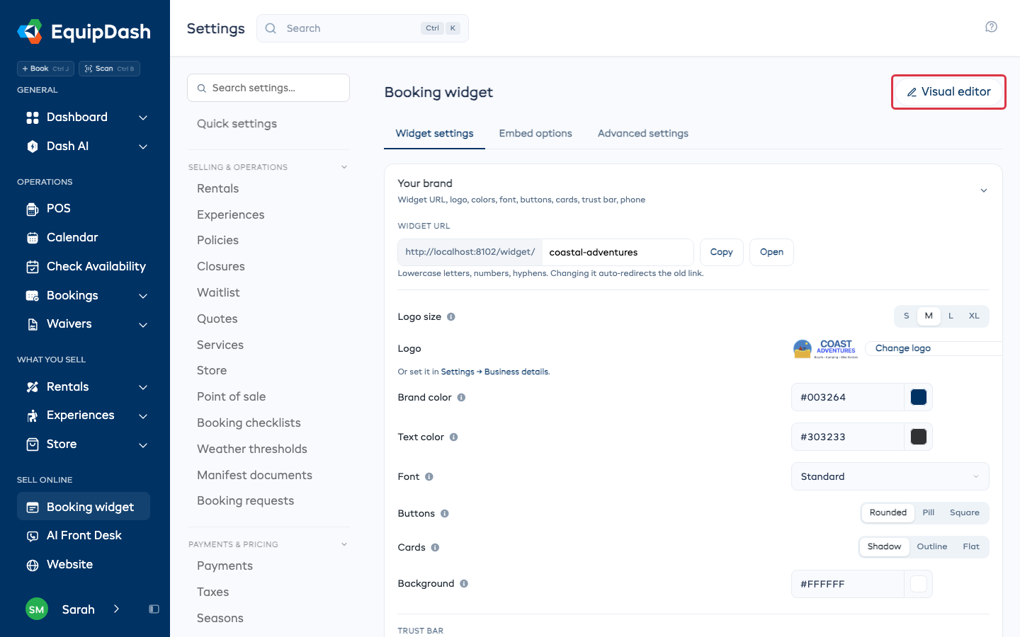 The Visual editor button at the top of Settings > Booking widget