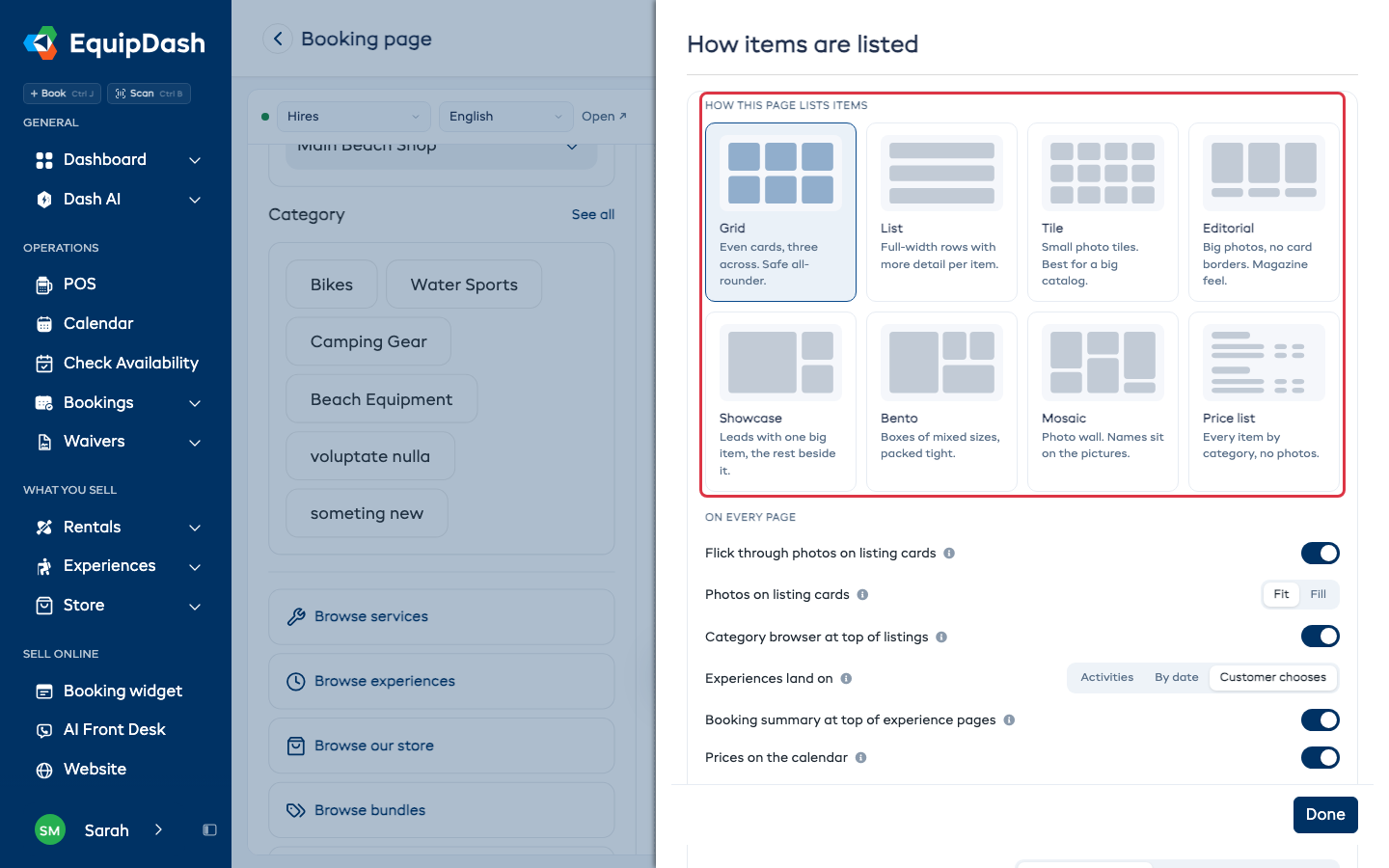 How this page lists items, with the layouts to pick from