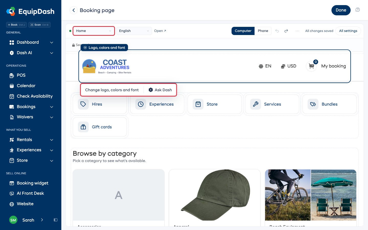 The header picked, with the page menu and the bar under the header