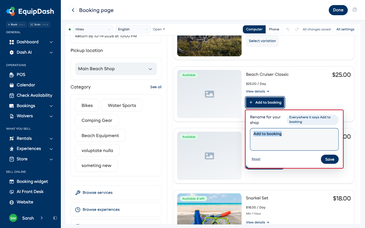 The Rename for your shop box open on the Add to booking button