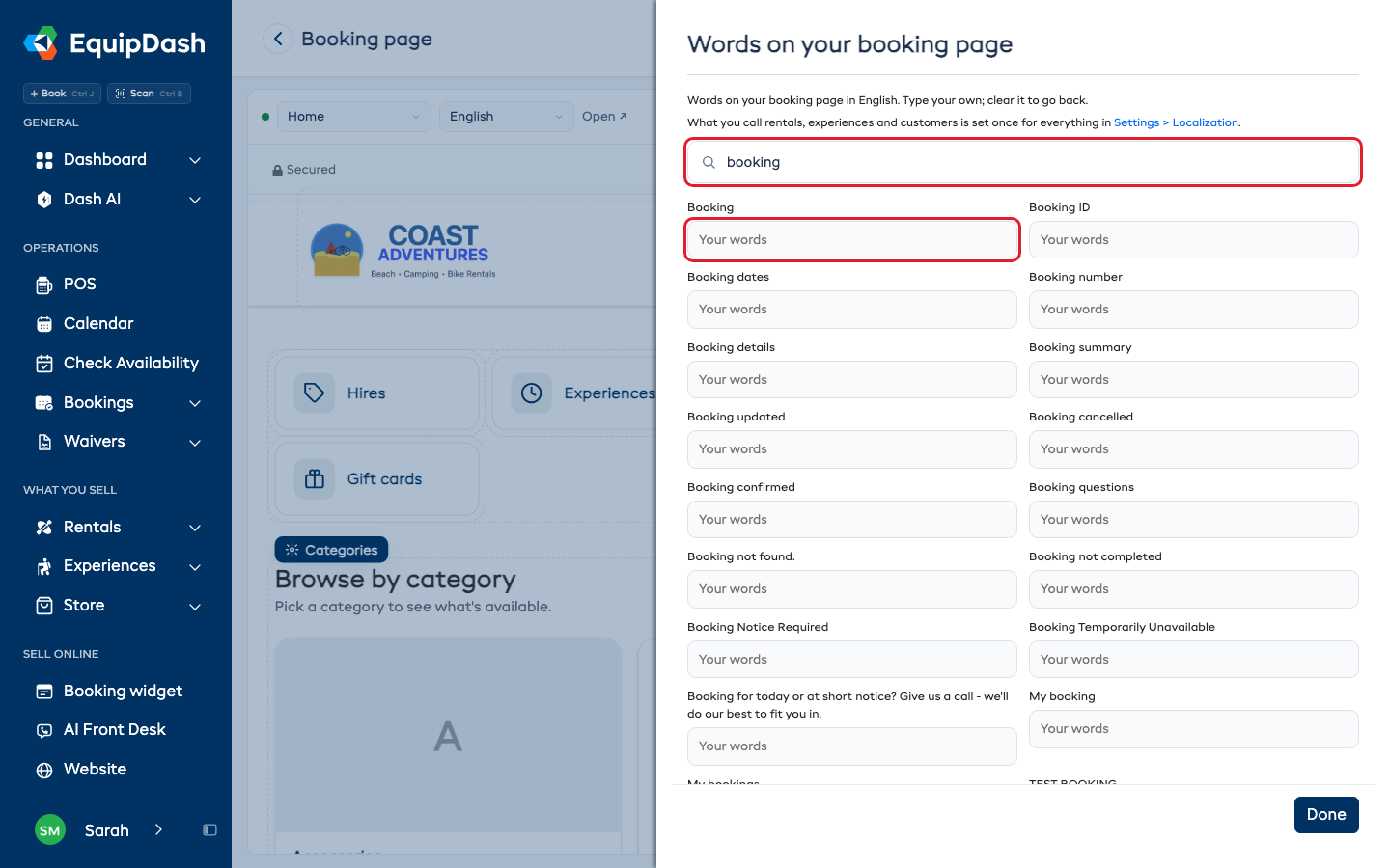 Words on your booking page, with the search box and a box for your own words