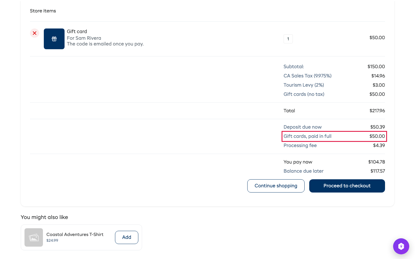 The cart with Gift cards, paid in full highlighted under Deposit due now