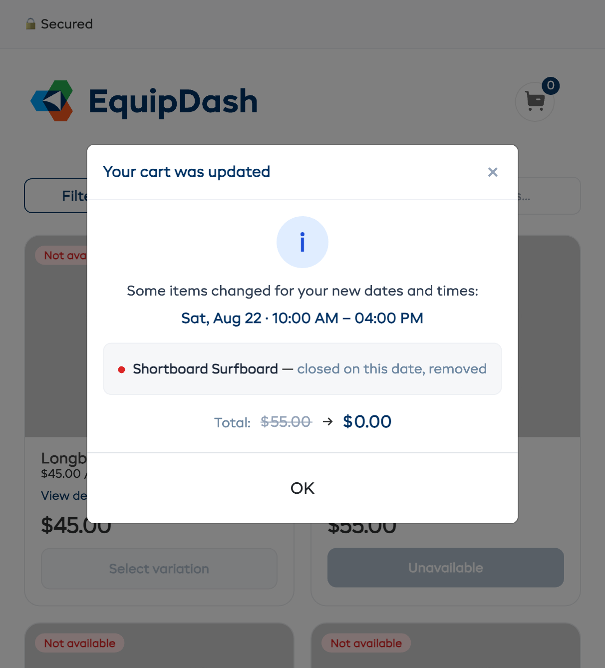 The "Your cart was updated" summary after a date change, listing the affected item and the old and new total.