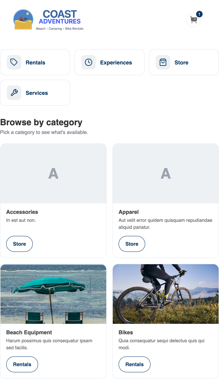 The widget category landing page showing the "browse everything" boxes across the top and a grid of category cards below.