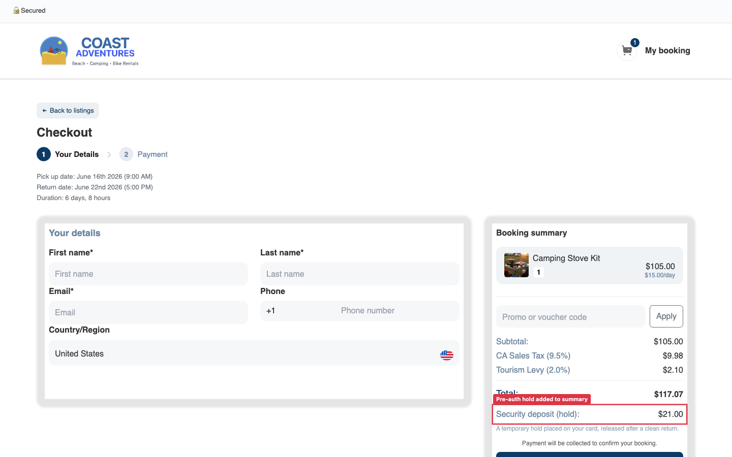 The widget checkout booking summary showing Subtotal, taxes, Total, and a Security deposit (hold) line with helper copy