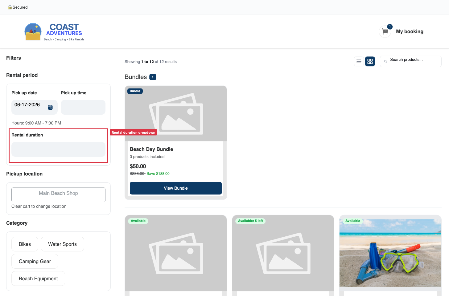 The widget rentals listing sidebar with the Rental duration dropdown highlighted in the Rental period filter