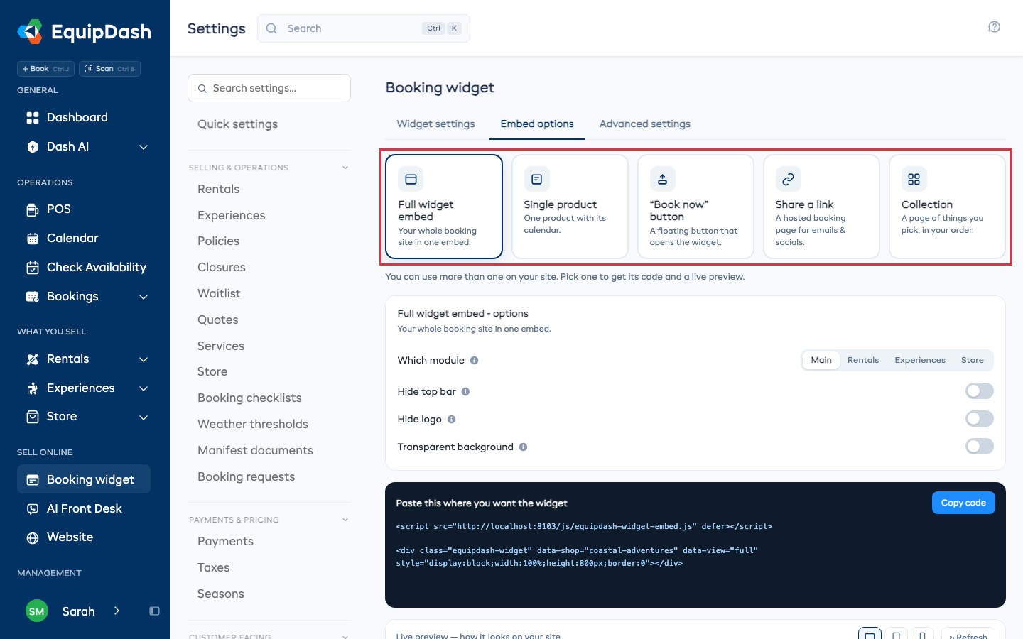 The Embed options tab in Settings, Booking widget