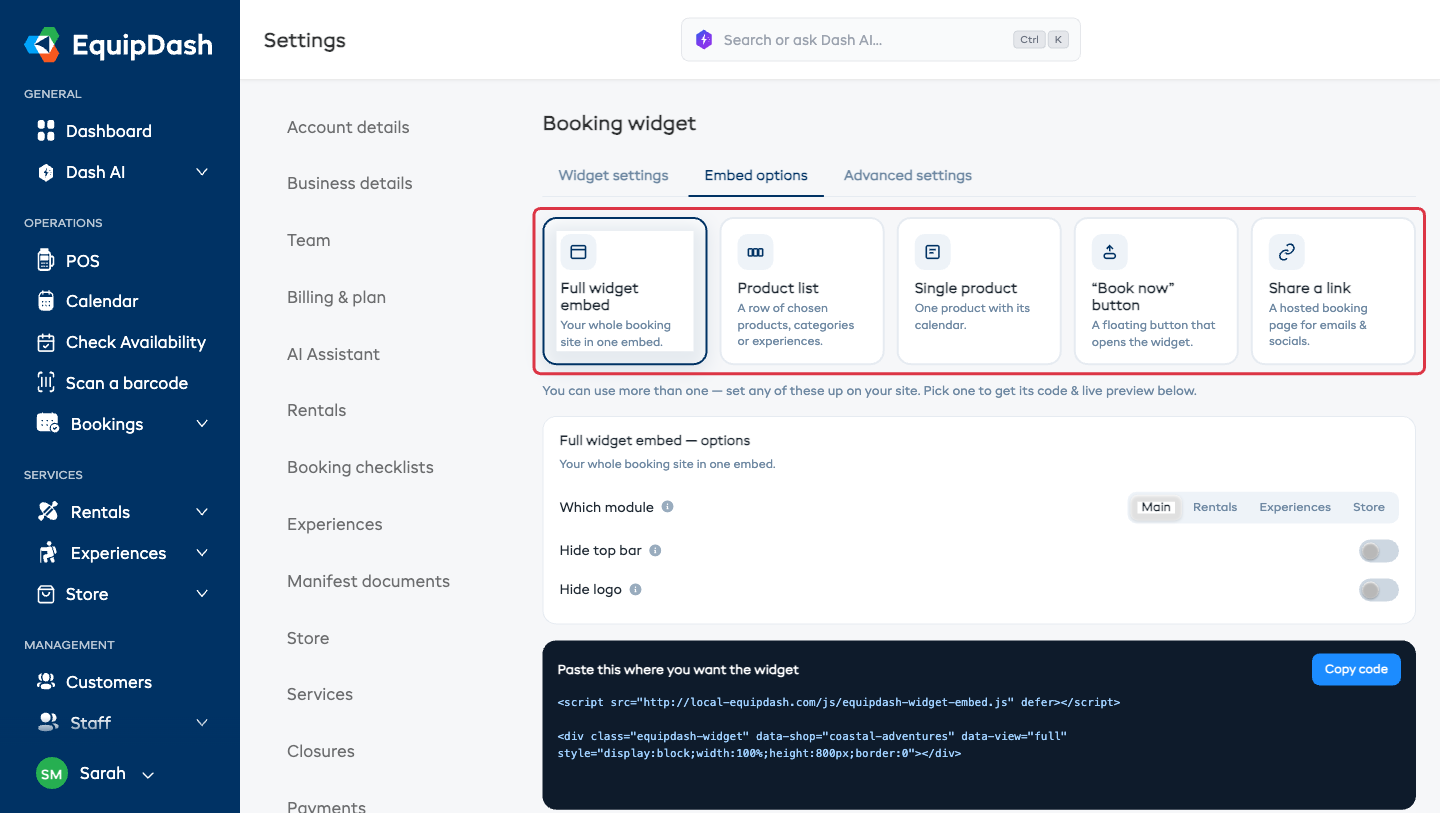 The Embed options tab with the five embed types
