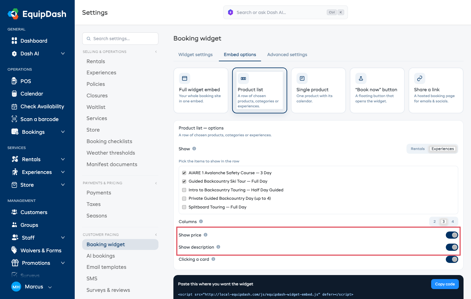 The Product list embed options, with the Show price and Show description toggles highlighted