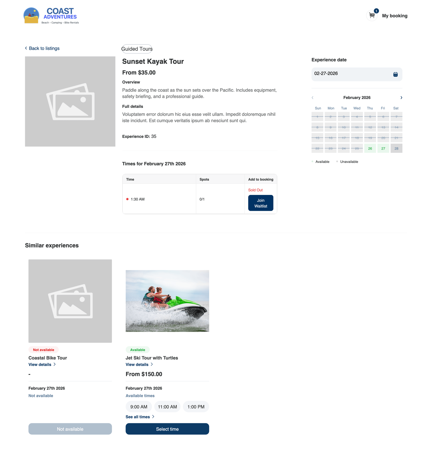 An experience detail page in the booking widget showing a sold-out time slot with a Join Waitlist button.