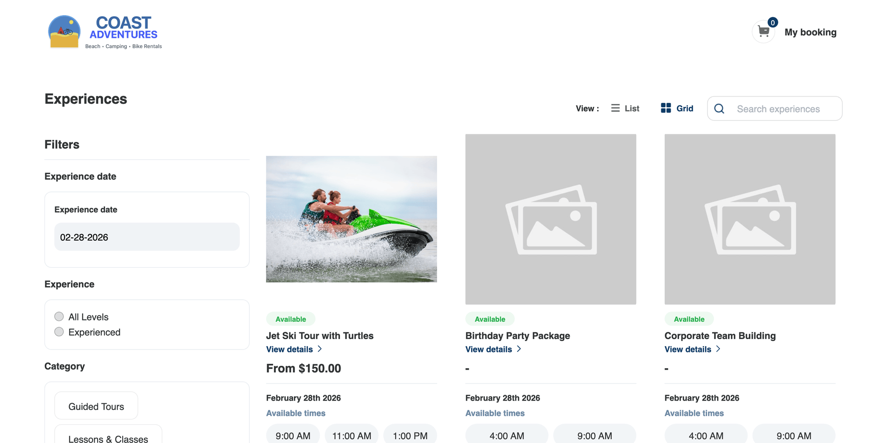 The experiences widget listing page showing experience cards with time slot chips, filters sidebar with date picker and category chips