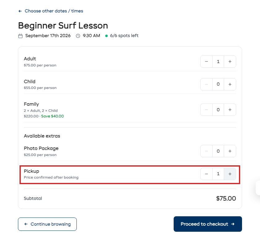 A set-when-booked extra on the booking page