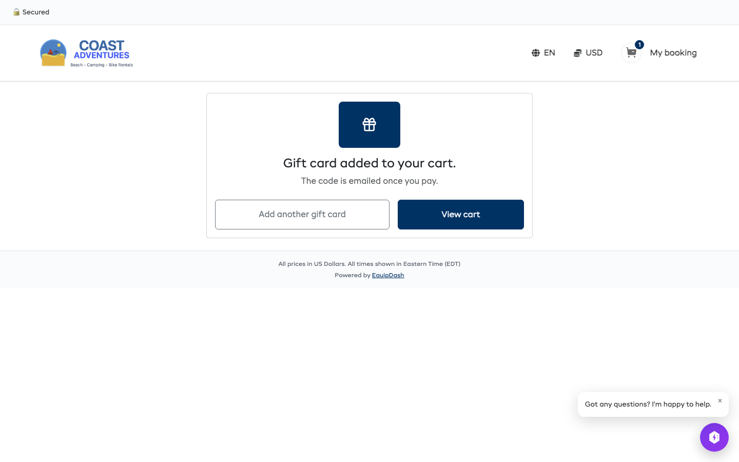 Gift card added to your cart, with Add another gift card and View cart
