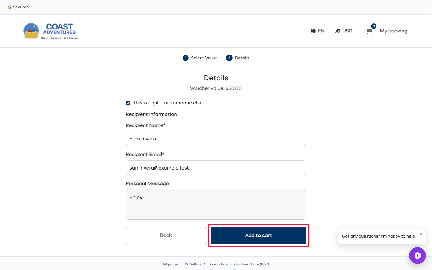 The Details step with the recipient filled in and Add to cart highlighted