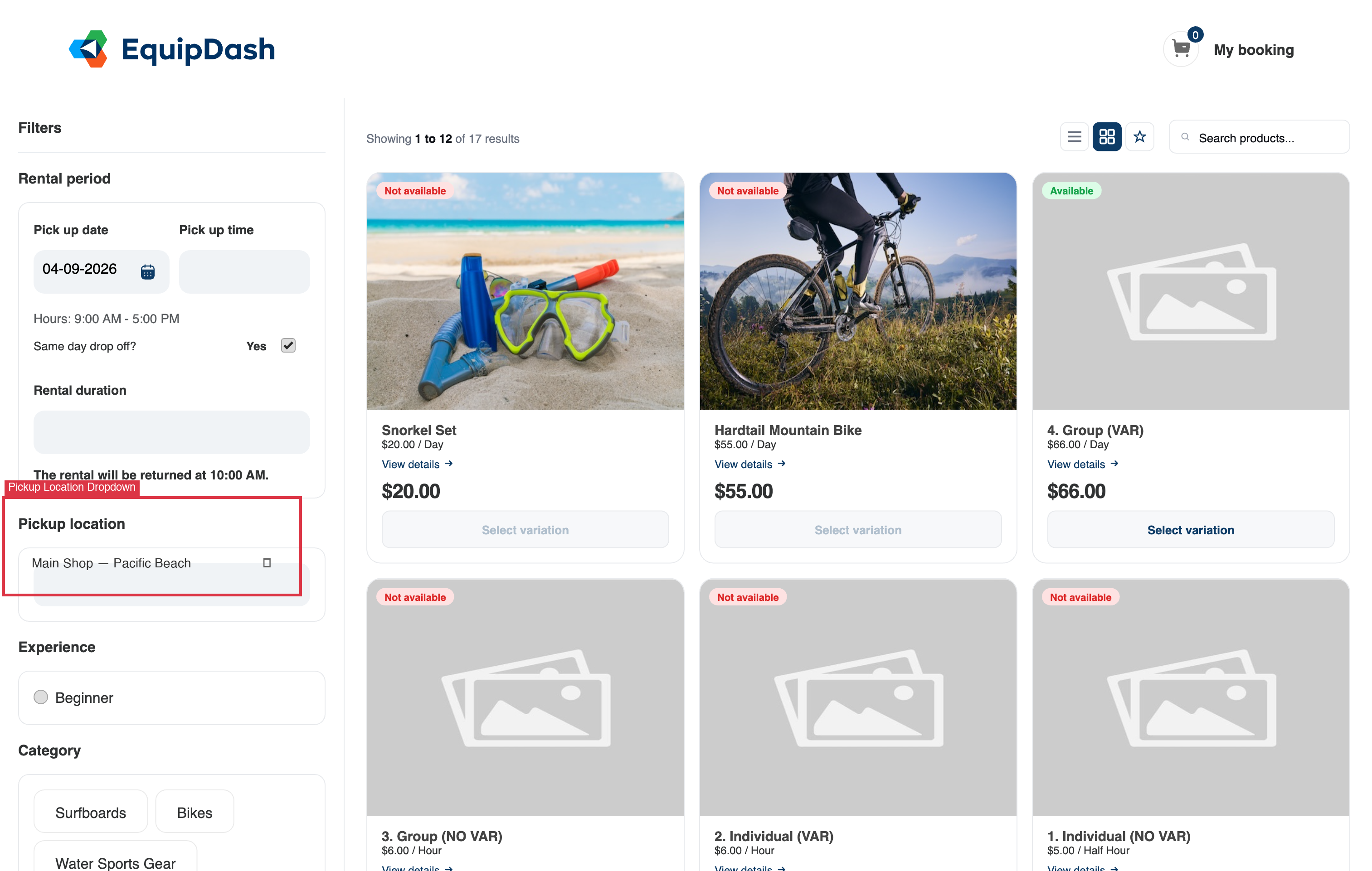 Widget listing sidebar with Pickup location dropdown