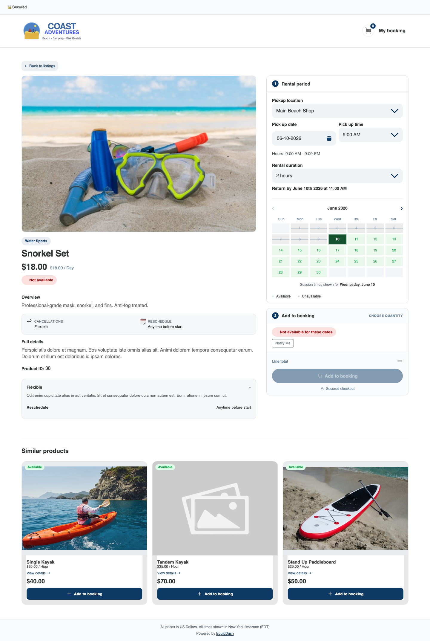 A rental product detail page in the booking widget showing the Add to booking card with a Not available notice and a Notify Me button.