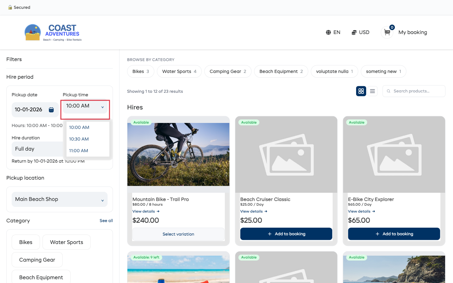 The rental widget pickup-time list showing selected customer start times