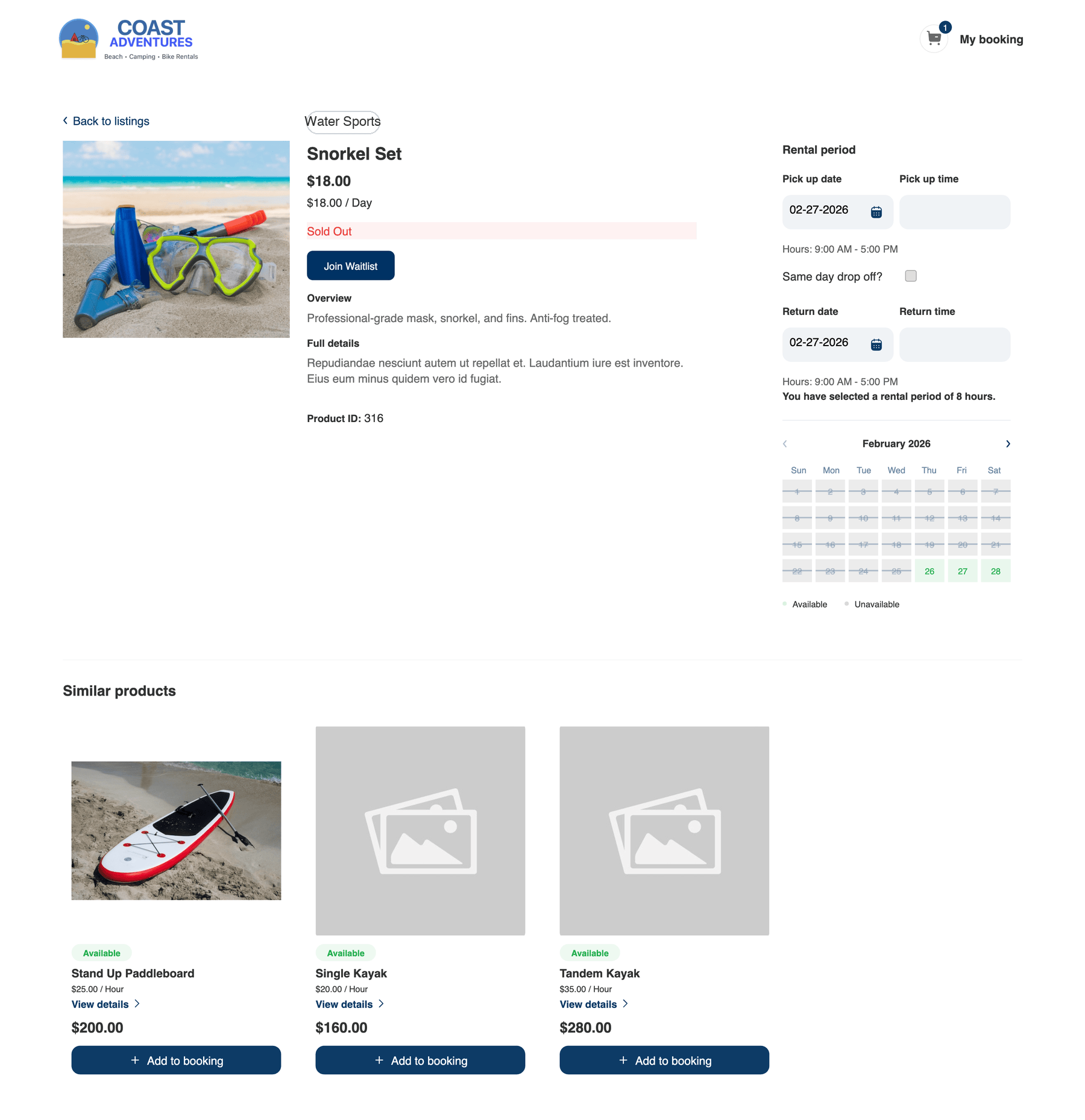 A rental product detail page in the booking widget showing a Sold Out label and a Join Waitlist button.
