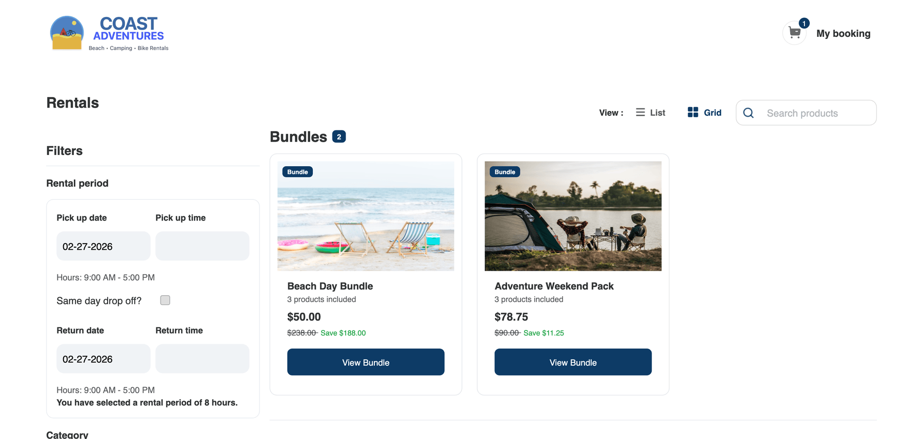 The rentals widget listing page showing bundles, products, filters sidebar, and rental period selector