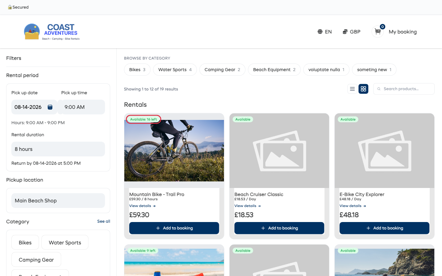 The rentals widget listing page with the filters sidebar on the left and the product grid on the right. The first card's availability badge โ "Available: 16 left" for the selected dates โ is outlined in red.