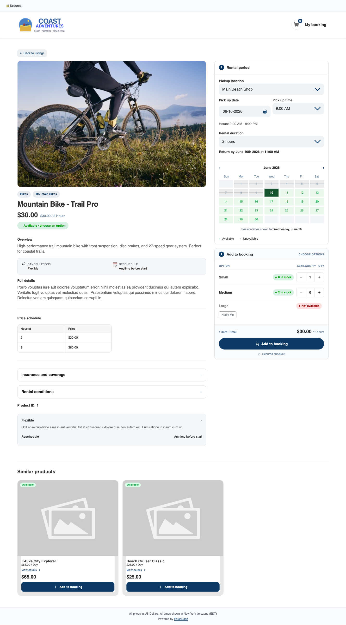 A rental product detail page in the booking widget with the product gallery and details on the left and the two-step booking panel — Rental period, then Add to booking — on the right
