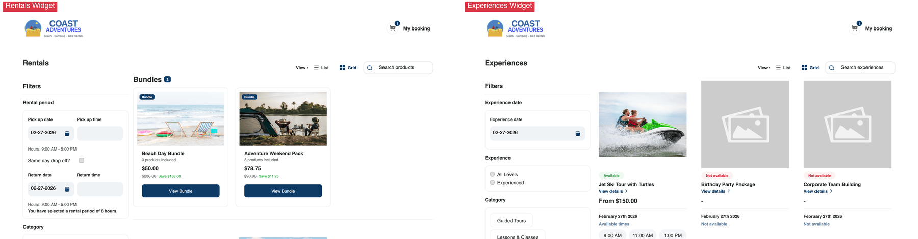 Side-by-side comparison of the Rentals Widget and Experiences Widget, showing how products and activities are presented differently to customers