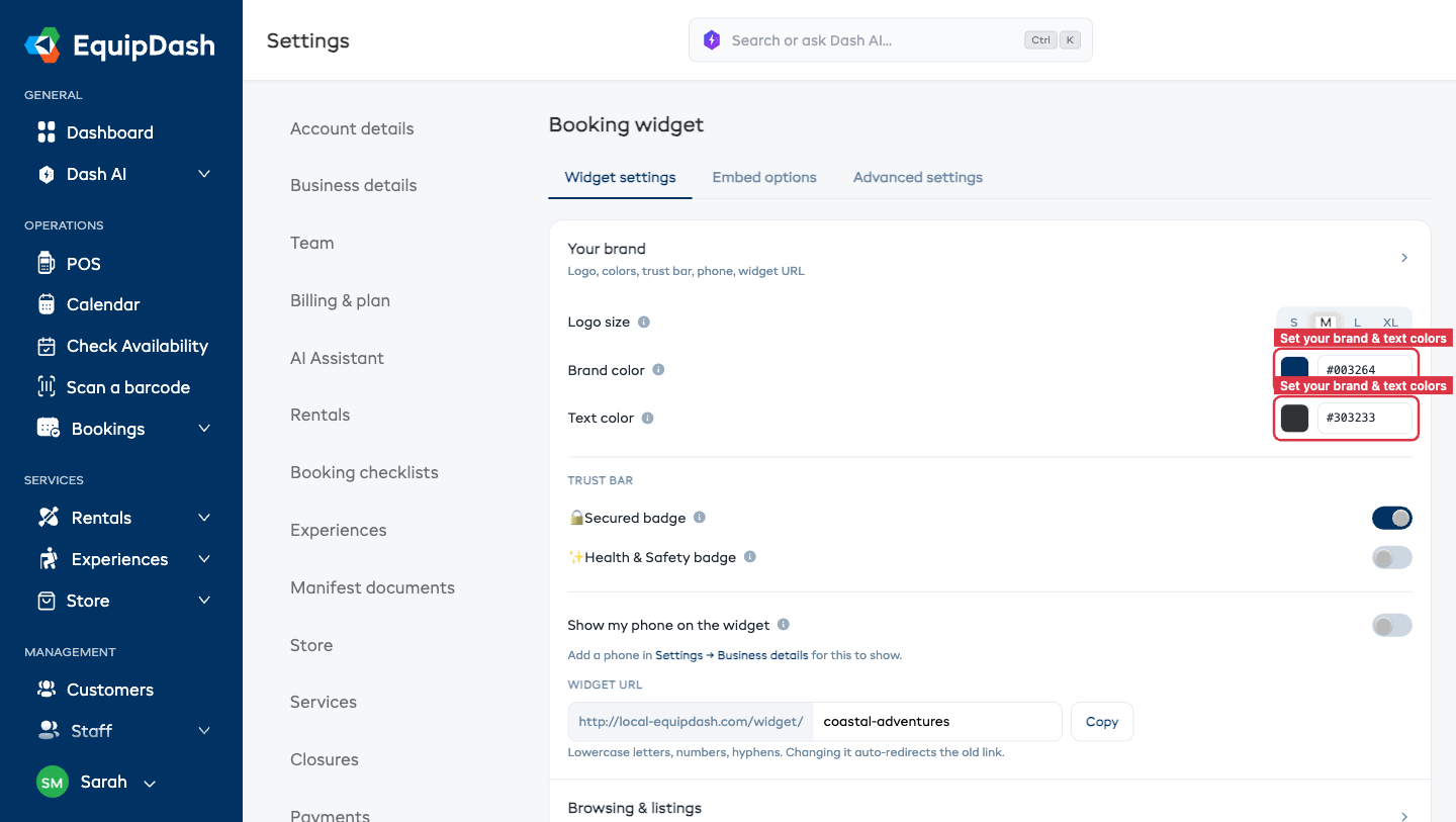 The Default settings section showing Widget colors with Primary Color and Text Color pickers