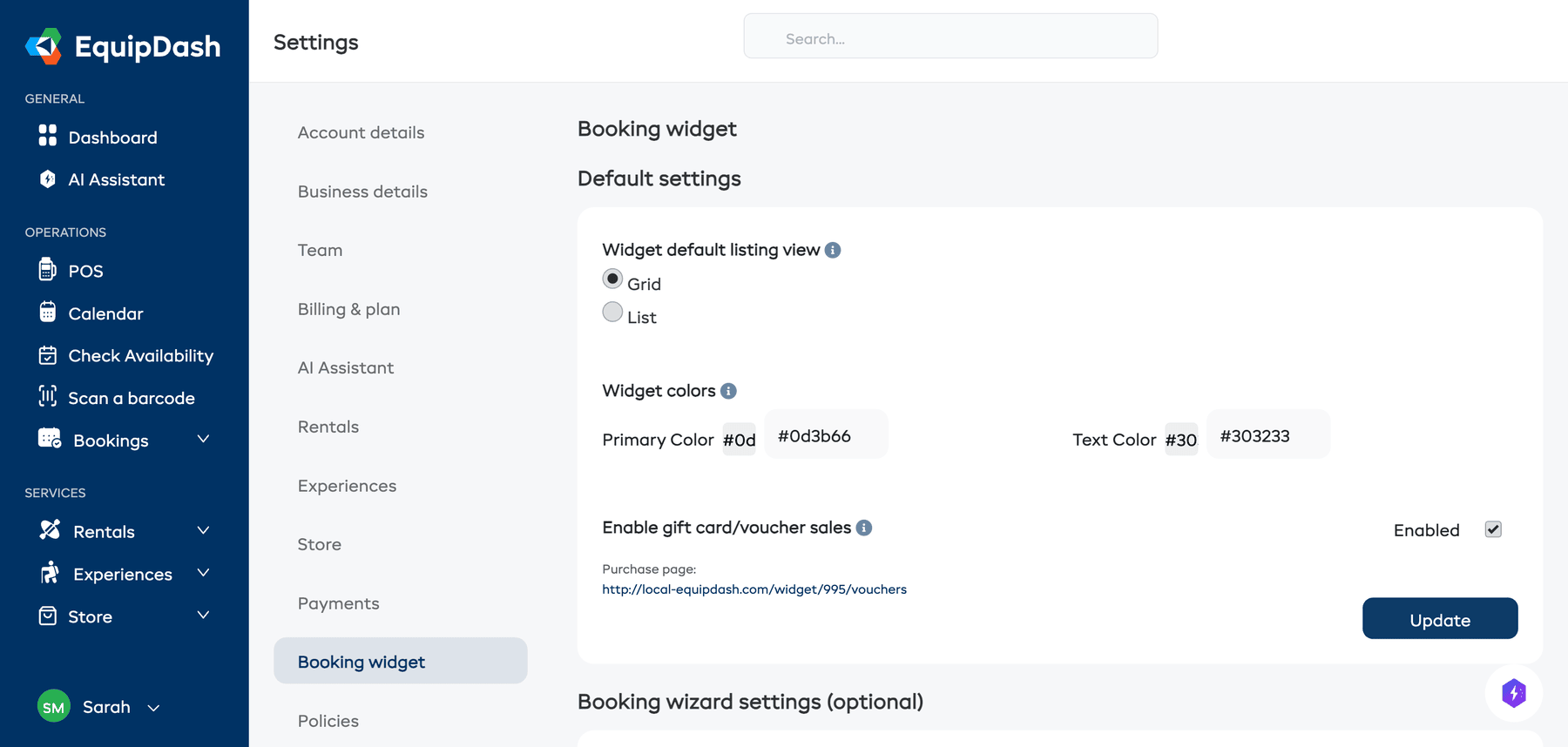 The Default settings section showing Widget colors with Primary Color and Text Color pickers