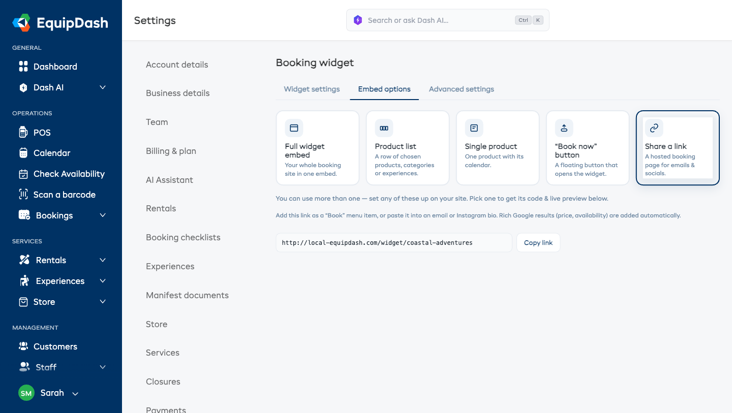 The Embed options tab showing the Share a link option