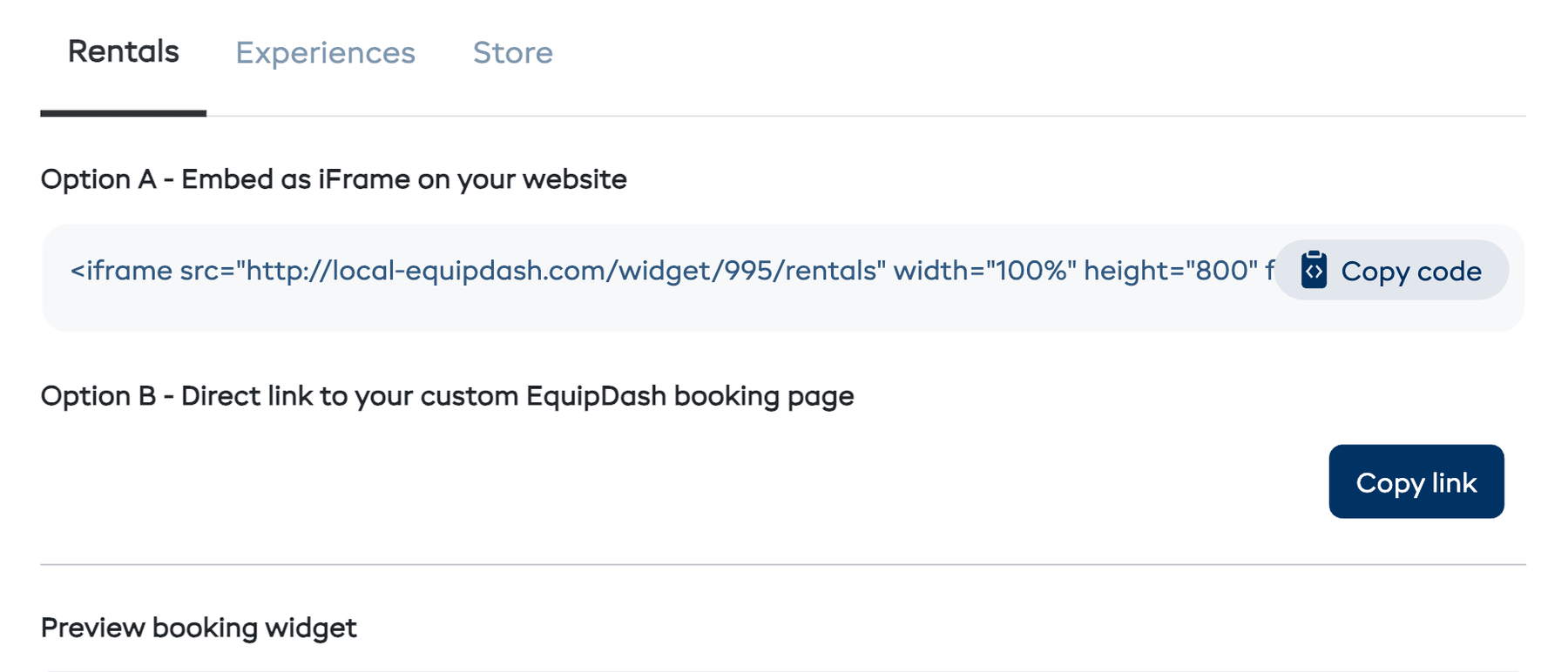 The Embed options section with Option A iframe code and Option B direct link
