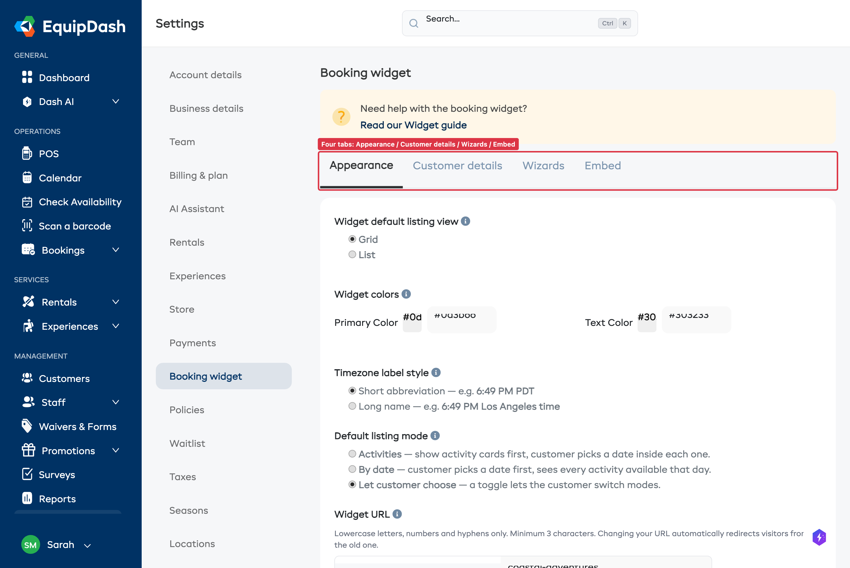 The Booking widget settings page showing the four tabs