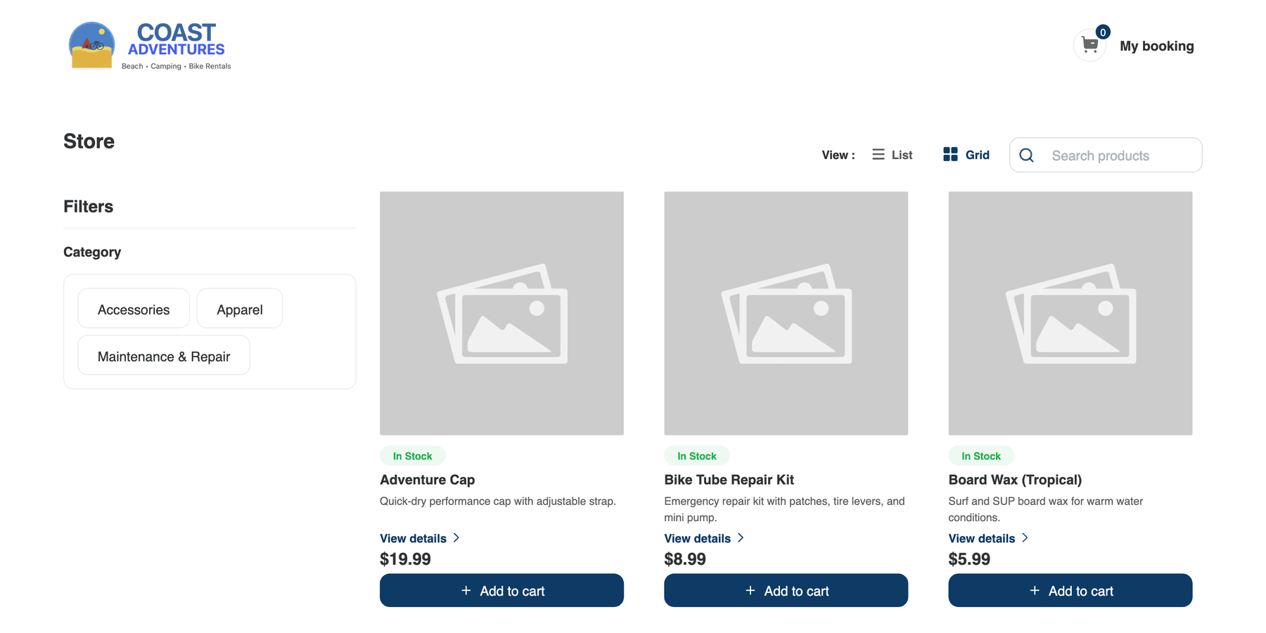 The store widget listing page showing product cards with In Stock badges, prices, and Add to cart buttons, with category filter chips