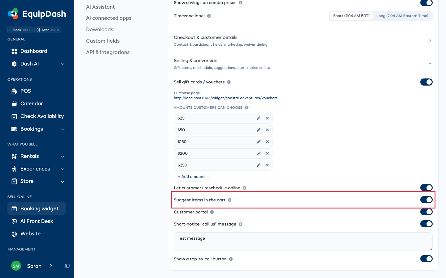Selling & conversion, with Suggest items in the cart highlighted