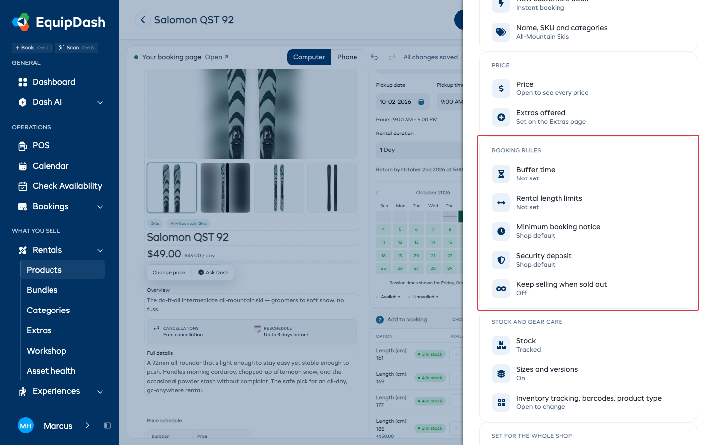 All settings, with the Booking rules group