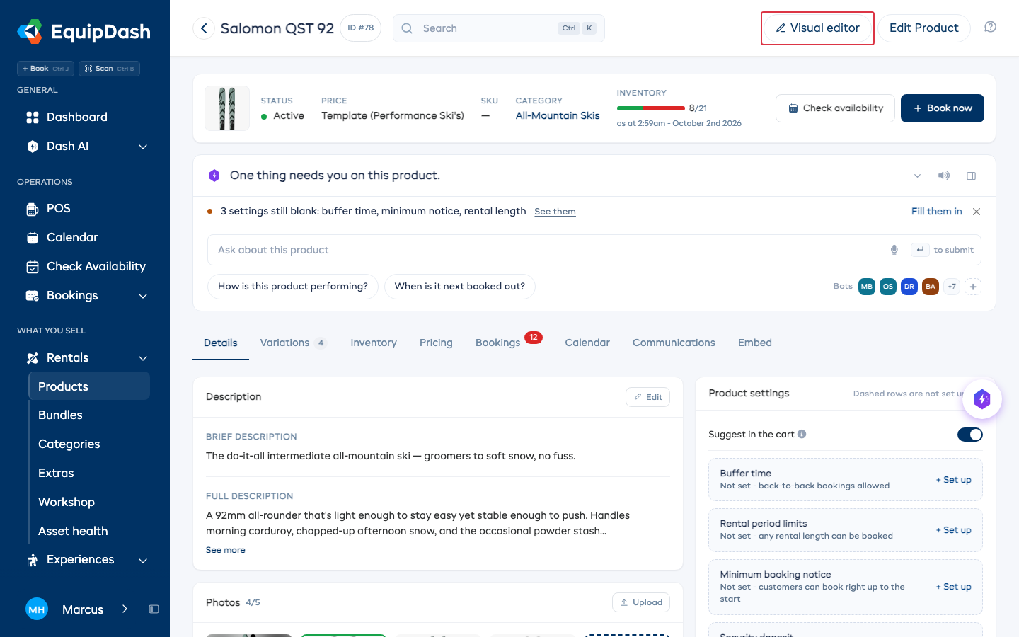 The Visual editor button at the top of a product page