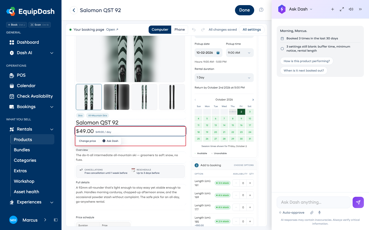 A price selected on the page, with Change price and Ask Dash under it