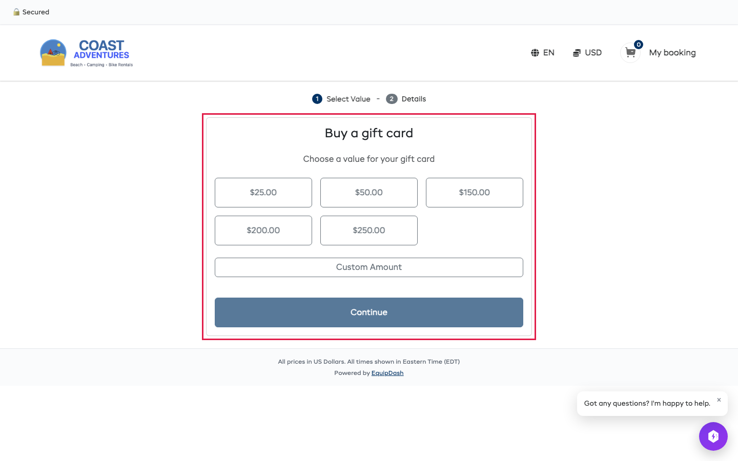The gift card page showing the preset amount buttons and Custom Amount option