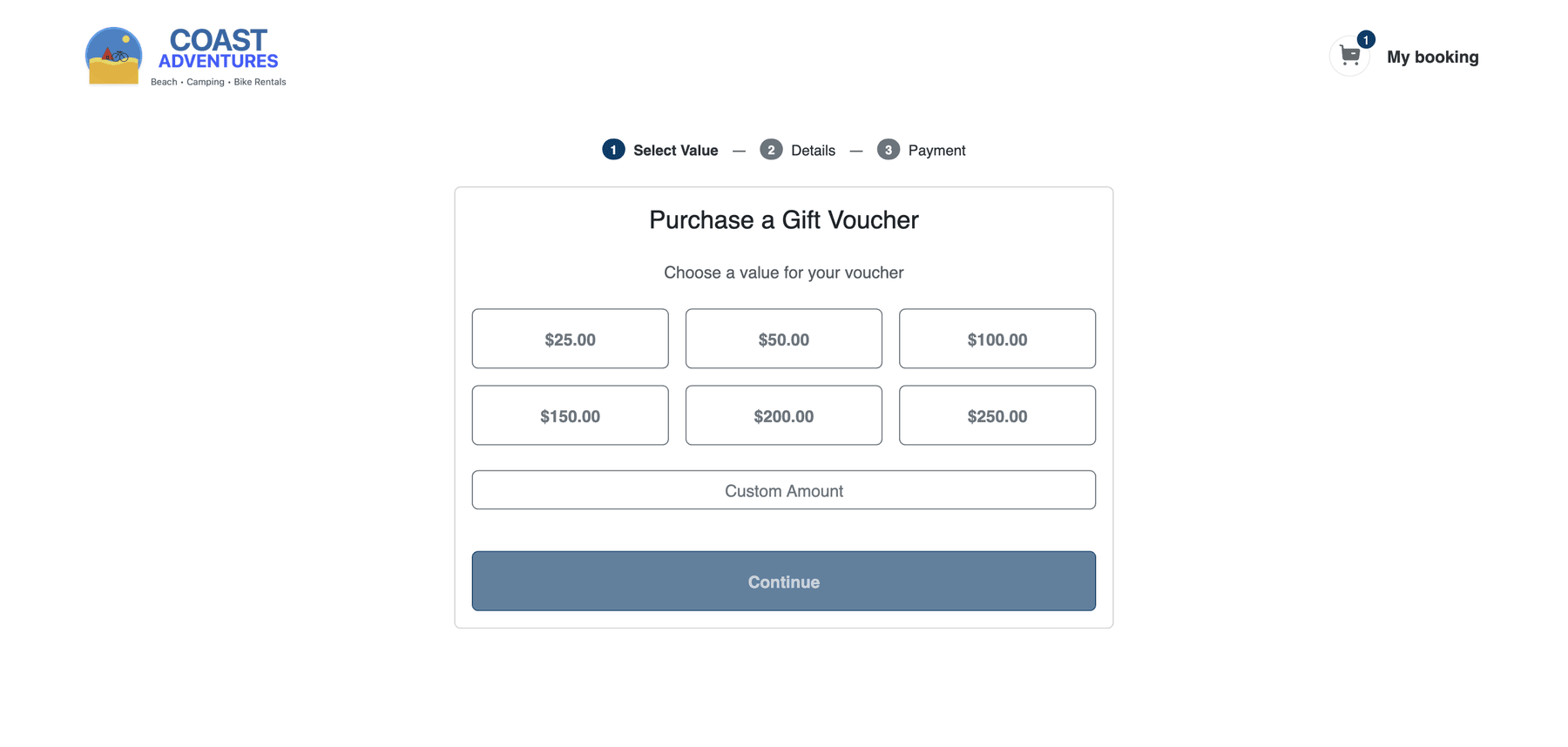 The voucher widget showing the 3-step wizard with preset amount buttons and Custom Amount option