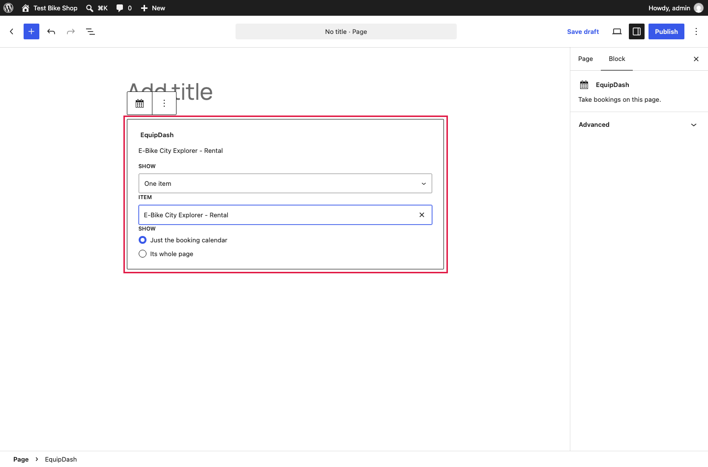 The EquipDash block in the WordPress editor, showing one item