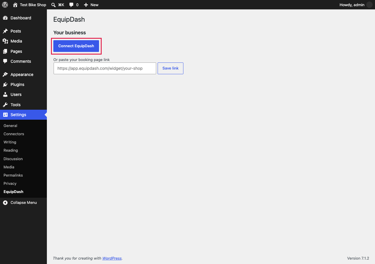 Settings, EquipDash in WordPress, with the Connect EquipDash button