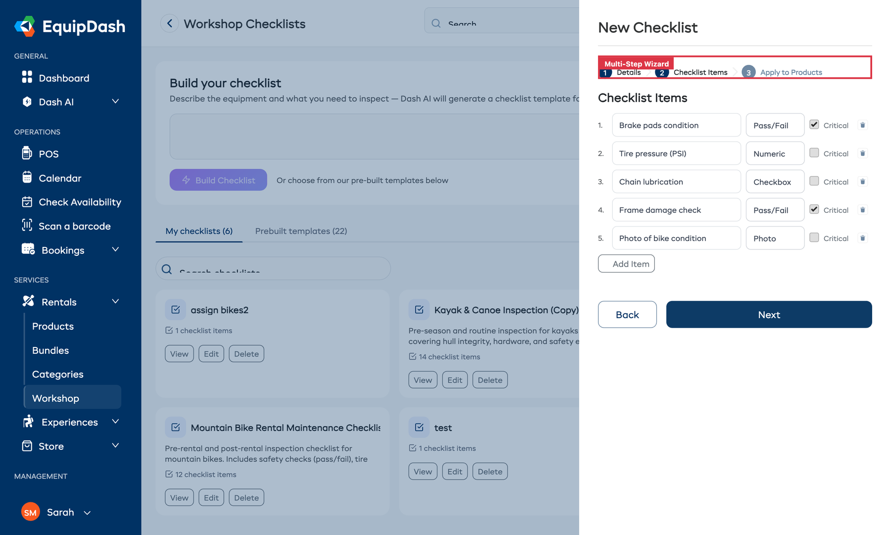 The create template sidebar showing Step 2 with checklist items and their types.