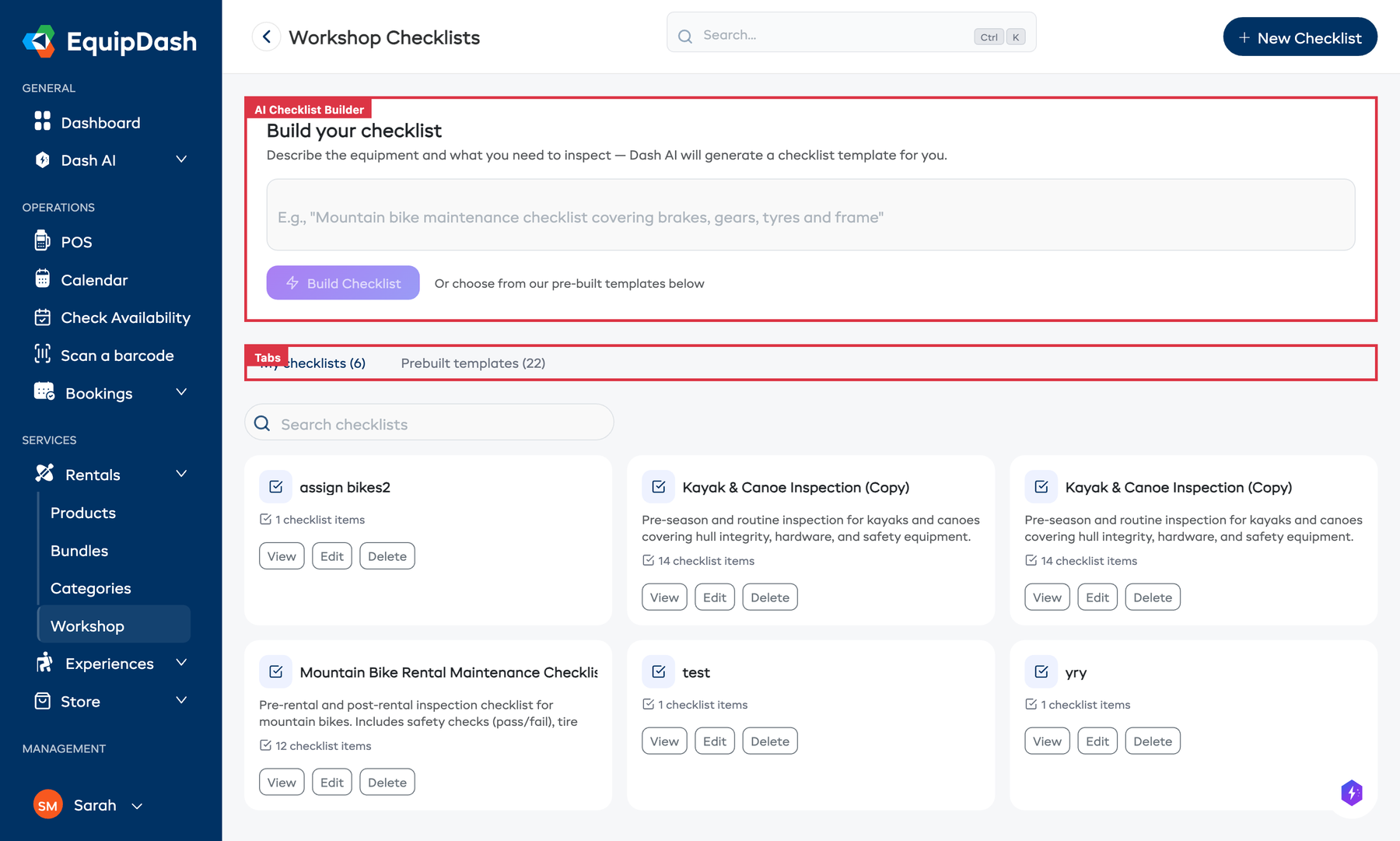 The Checklists page showing My Checklists and Prebuilt Templates tabs.