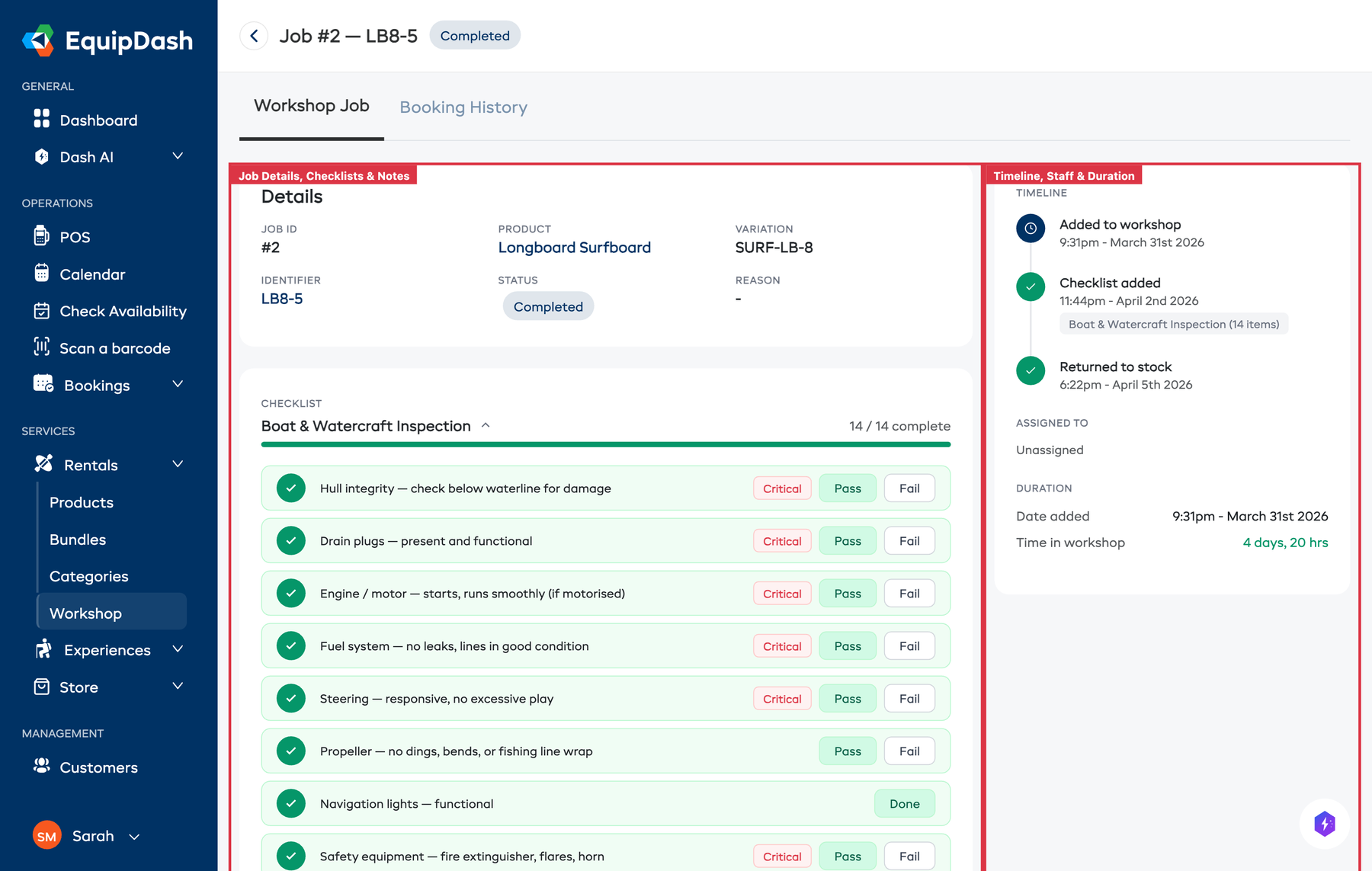 The Workshop Detail page for an active item, showing the job header, checklists, notes, timeline, and the Mark complete button.