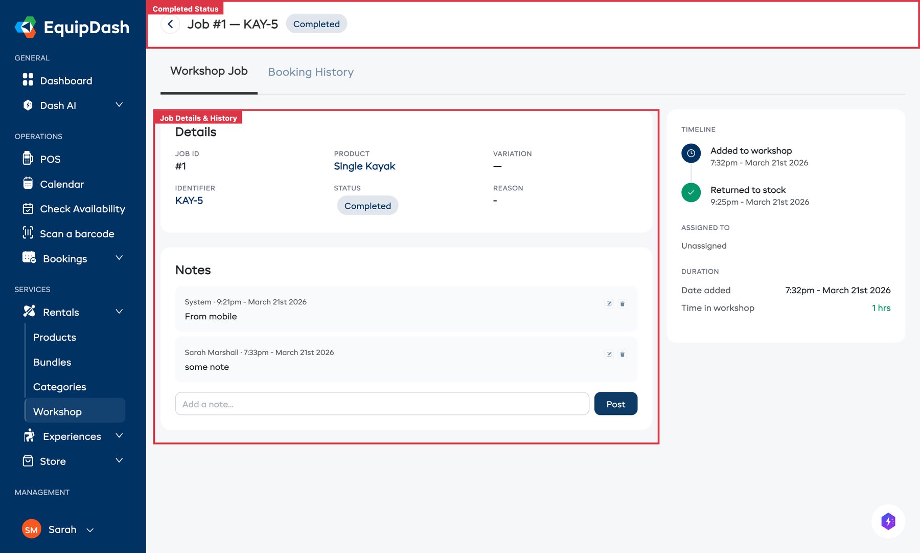 The Workshop Detail page showing job details, checklists, timeline, and notes for a completed workshop visit.