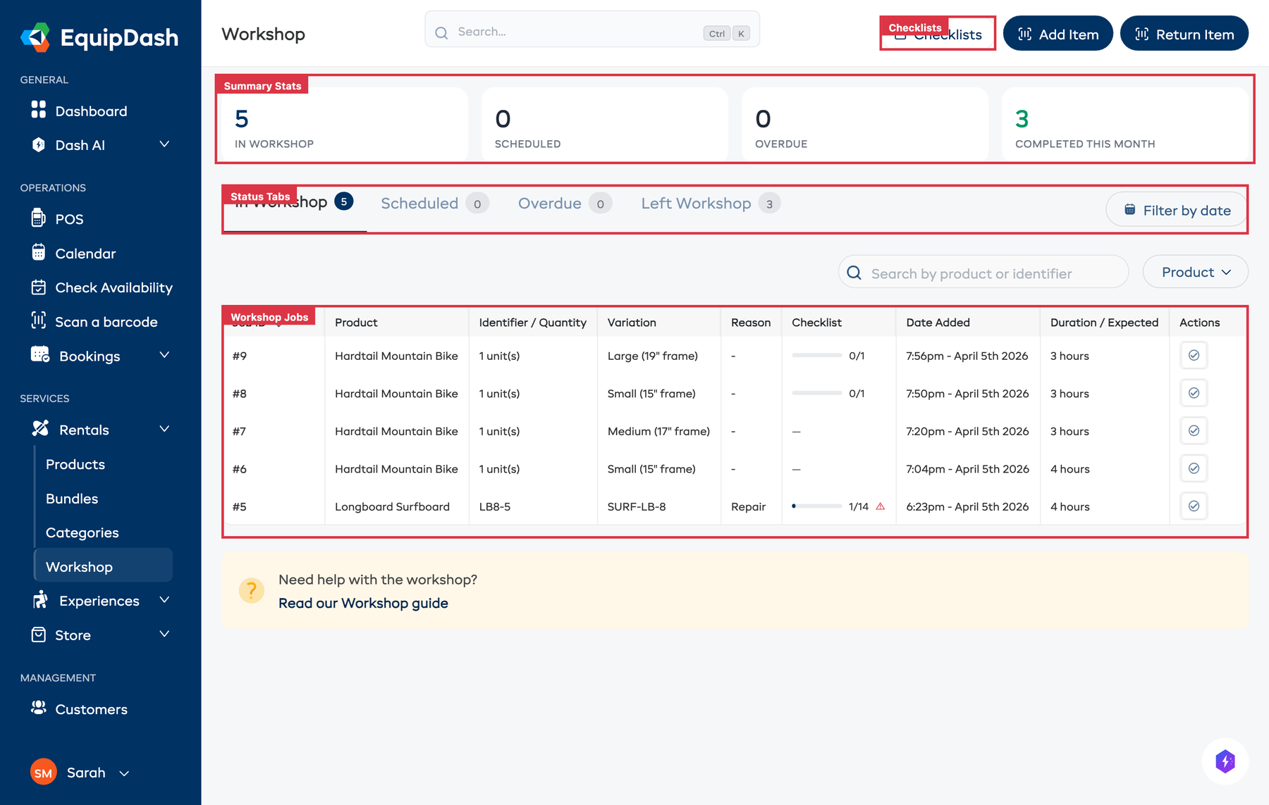 The Workshop page showing summary stat cards, tabs, and the workshop table.