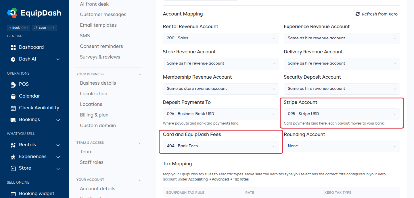 Xero Account Mapping with the Stripe Account and Card and EquipDash Fees pickers highlighted